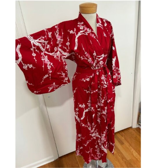 Made in Japan 100% Cotton Red White Asian Floral Pattern Original Kimono S M - Picture 5 of 10